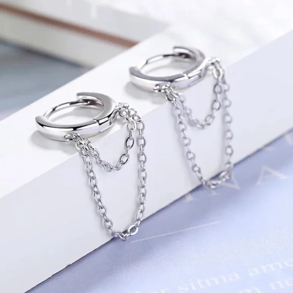 NEW 925 STERLING SILVER CHAIN HOOP EARRINGS, WONDERFUL EARRINGS, WOW EARRINGS - Picture 2 of 5